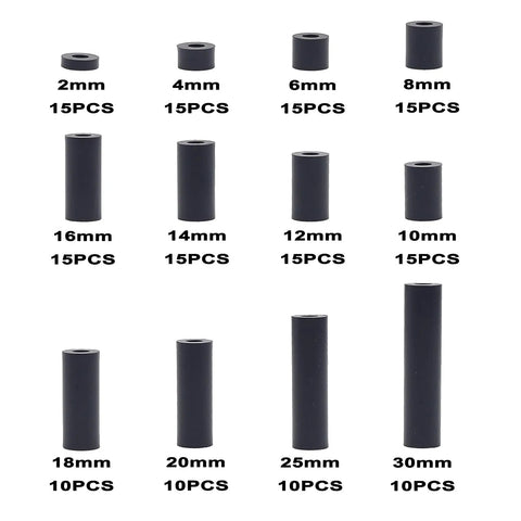 Unthreaded Metric Spacer Kit For M3 Screws 7mm OD 3.2mm ID Black ABS Round Spacers 12 Lengths From 2mm To 30mm Includes 4mm 6mm 8mm