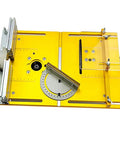 Pro Grade Router Table Insert Plate Workbench Upgrade Kit For Table Saw Wood Router Milling Base with yellow aluminum frame.