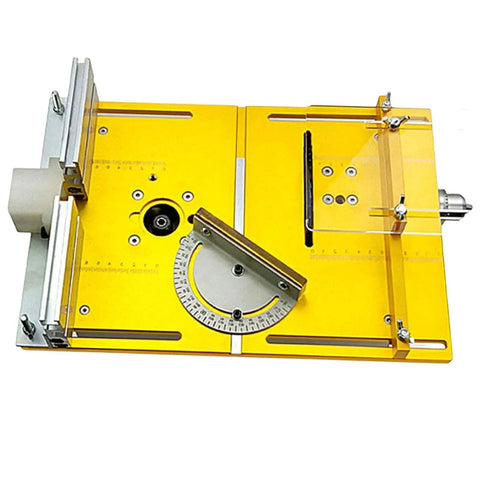 Pro Grade Router Table Insert Plate Workbench Upgrade Kit For Table Saw Wood Router Milling Base with yellow aluminum frame.