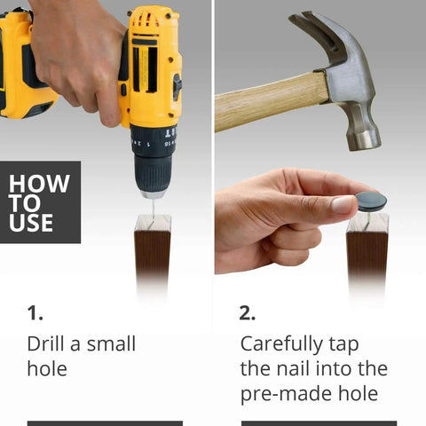 Slick Heavy Duty Nail On Chair Glides And Furniture Floor Protectors One Inch Thick Pack Of Twenty Four Smooth Wood Chair Sliders installation steps with drill and hammer.
