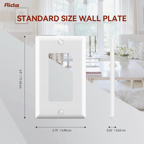 1-Gang Standard Light Switch Cover Plate In Glossy White Made From Unbreakable Polycarbonate For Built To Last Decorator Wall Plate UL Listed 4.5 Inch Height By 2.75 Inch Width 1 Pack, with front and side view in living room background.