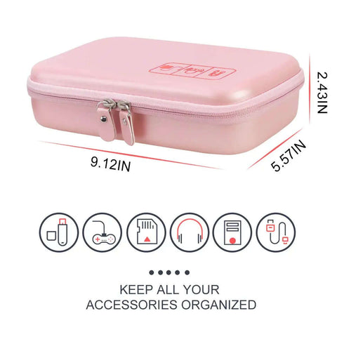 Heavy Duty Travel Electronic Organizer Case With Sleek Cable Pouch For Chargers And Gadgets in pink, dimensions shown.