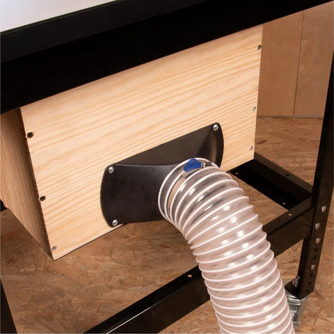 Rectangular Dust Hood For 4 Inch OD Attachment For Woodworking Dust Collection Hose And Fittings, mounted on workbench