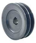Double Groove V Belt Pulley 4.45 Inch Outer Diameter 7/8 Inch Bore Cast Iron For A AX 3L 4L V Belts With Standard Keyseat 3/16x3/32 And Two Screws For Heavy Duty Applications And Long Life image showing side view with two grooves