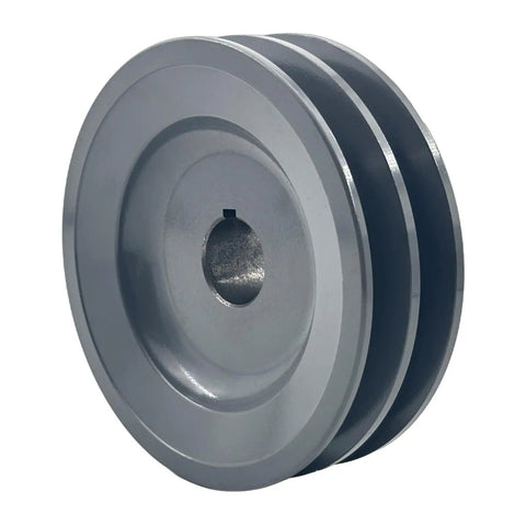 Double Groove V Belt Pulley 4.45 Inch Outer Diameter 7/8 Inch Bore Cast Iron For A AX 3L 4L V Belts With Standard Keyseat 3/16x3/32 And Two Screws For Heavy Duty Applications And Long Life image showing side view with two grooves