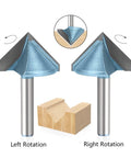Precision 6mm Left And Right 90 Degree V Groove Router Bit For Wood Engraving, Sign Making And Cabinetry Projects With Ultra Sharp 1/4 In Shank Design For Flawless Bevel Cutting displayed with left and right rotation.