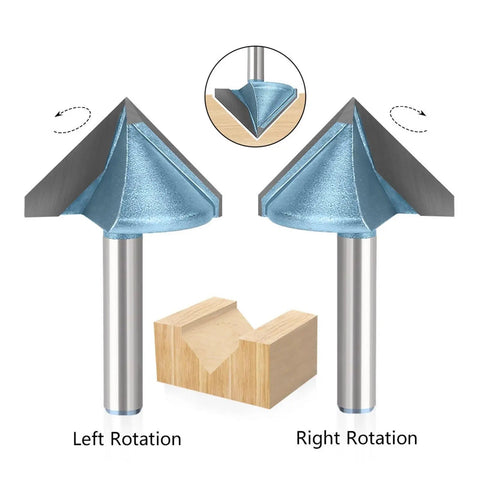 Precision 6mm Left And Right 90 Degree V Groove Router Bit For Wood Engraving, Sign Making And Cabinetry Projects With Ultra Sharp 1/4 In Shank Design For Flawless Bevel Cutting displayed with left and right rotation.