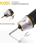 Heavy Duty Handheld Engraver Pen With 24 Watt Motor And Dead Simple Speed Dial For Slick Wood Metal Glass Marking Plus Soft Rubber Grip And Killer Replacement Bits showing tip changes with Allen wrench and tungsten bits.