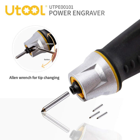 Heavy Duty Handheld Engraver Pen With 24 Watt Motor And Dead Simple Speed Dial For Slick Wood Metal Glass Marking Plus Soft Rubber Grip And Killer Replacement Bits showing tip changes with Allen wrench and tungsten bits.