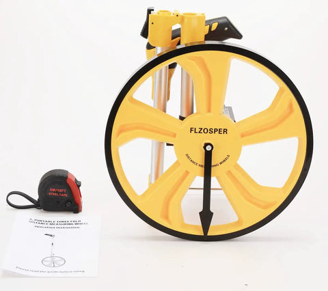 Smooth Rolling Measuring Wheel With Durable Rubber Tire And Mechanical Counter For Nailing Yard Surveys Up To Nine Thousand Nine Hundred Ninety Nine Feet Light Alloy Frame Collapses Fast For Zero Fuss Stashing In Bright Yellow
