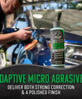 Insynchro Scratch And Swirl Remover One Step Compound And Polish For Paint Correction Removes Fine Scratches Swirls And Oxidation From Cars Trucks SUVs And Motorcycles 16 Oz bottle next to a car being polished