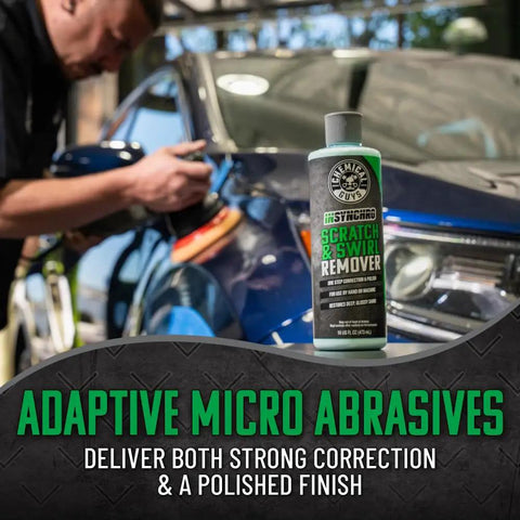 Insynchro Scratch And Swirl Remover One Step Compound And Polish For Paint Correction Removes Fine Scratches Swirls And Oxidation From Cars Trucks SUVs And Motorcycles 16 Oz bottle next to a car being polished