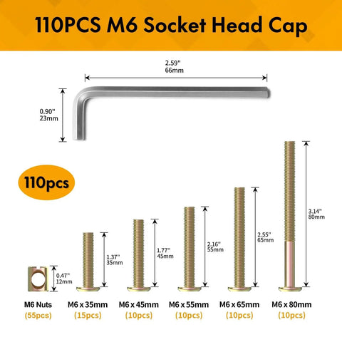 110 Piece M6 Hex Socket Head Cap Screw Kit For Cribs And Bunk Beds Replacement Hardware With Assorted Lengths 35 45 55 65 80 Mm Built For Delta Cots And Everyday Furniture Fixups shown with screws and nuts sizes
