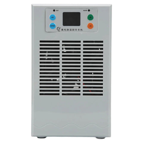 Sleek Semiconductor Water Chiller For Aquarium Tanks 20 Liter Capacity With 70 Watt Cooling Power Compact Electric Cooling Unit US Plug front view with control panel and air vents.