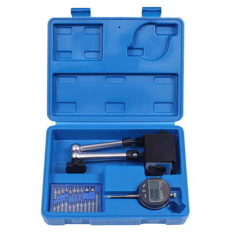 Front view of electronic digital dial indicator with magnetic base and long arm in a blue carrying case and accessory bits.