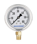 MeasureMan glycerin-filled 0-60 psi pressure gauge, stainless steel case with brass 1/4in NPT lower mount