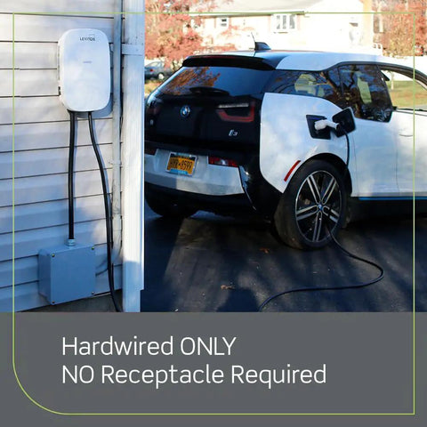 EV charging station connected to car, showing Beefy Level 2 EV Charger With 48 Amp Output And 11.6 kW Power, weatherproof design.