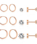 Six Piece Earring Set For Multiple Piercings With Lightweight 14K Gold Plated Tiny Huggie Hoop Earrings And Flat Back CZ Stud Earrings For Cartilage Helix And Lobe Piercings Hypoallergenic And Ear Stack Ready, rose gold hoops and studs