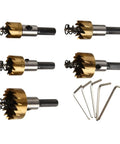 Top Notch 5 Piece Hole Saw Set With Pilot Bits For Stainless Steel Metal Aluminum Alloy Cutting Kits Gold HSS High Speed Steel Durable Tools, five cutters and wrench