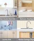 Flexible P Trap Kit Fits One And A Half Inch Or One And A Quarter Inch Double Bowl Sink Drain With Adjustable Length Eight To Twenty Six Inches Expandable All In One Sink Drain Pipe For Kitchen Bathroom Restroom Misalignment Repair No Fuss shown in diverse sink setups including kitchen, bathroom, laundry, and disposal sinks.