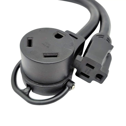Dual receptacle ends of RV Power Splitter Adapter Cord 50A To 30A And 15A For Campers with 14-50P Male to TT-30R and 5-15R Female