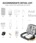Contents of Cord Organizer Case showcasing cables, chargers, USBs, SD cards with Travel Tech Organizer Bag, Durable Black