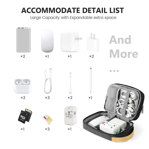 Contents of Cord Organizer Case showcasing cables, chargers, USBs, SD cards with Travel Tech Organizer Bag, Durable Black