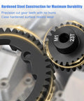 Close-up of the 46T M1.0 Hardened Steel Spur Gear and 23T Pinion Gear Set for 1 Tenth Maxx E Revo 2.0 VXL upgrade kit.
