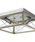 Super Versatile Two Light Flush Mount Ceiling Light Fixture Ideal For Kitchen Lights Hallway Bedroom Living Room Stairwells Entryways Creates Warm Inviting Atmosphere With Unique Design Galvanized Finish Twelve Inch By Six Inch, faux-wood frame, galvanized finish, angled view.