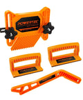 Secure Every Cut And Keep Your Knuckles Safe On Table Saws Router Tables Or Band Saws With This Boss 4 Piece Woodworking Kit featuring orange push stick and blocks.