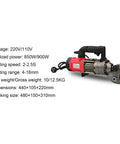 Electric Rebar Cutter Handheld Hydraulic Cut Off Machine with specifications shown on white background, red and black handle