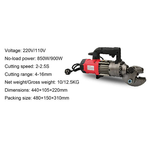 Electric Rebar Cutter Handheld Hydraulic Cut Off Machine with specifications shown on white background, red and black handle