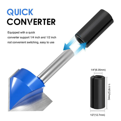Top Notch V Groove Router Bit Set Made From Solid Carbide With Double Flutes And A Quarter Inch Shank For Dead Precision Cnc Engraving And Pro Woodworking Crafting Decorative Edges Without The Hassle Of Complicated Setup, featuring quick converter for 1/4 inch and 1/2 inch rods.