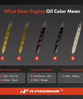 Oil dipstick color chart showing meanings from light to dark for Ford 5.0L V8 engine oil dipstick for F-150 and Mustang 2011-2014.