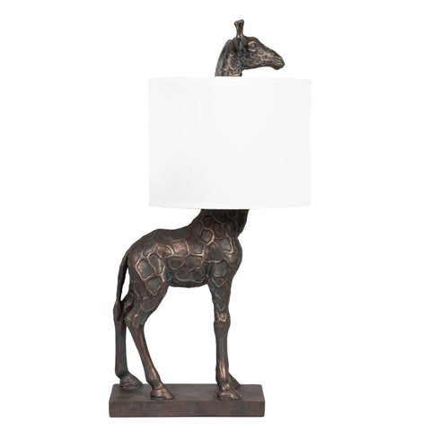 Resin Giraffe Table Lamp With Linen Shade And Bronze Finish Whimsical Animal Accent Light For Living Room Or Desk 13.75 Inch Tall Cord Switch Distressed Look Maximum 40W Bulb