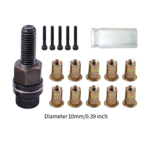 Rivet Nut Kit With Female Head M3 To M10 High Performance Mandrels For Repairing Doors And Windows Diy Tool Versatile Manual Pneumatic Or Electric Riveter Includes Nuts Rods And Storage Box showing rivets and rods.