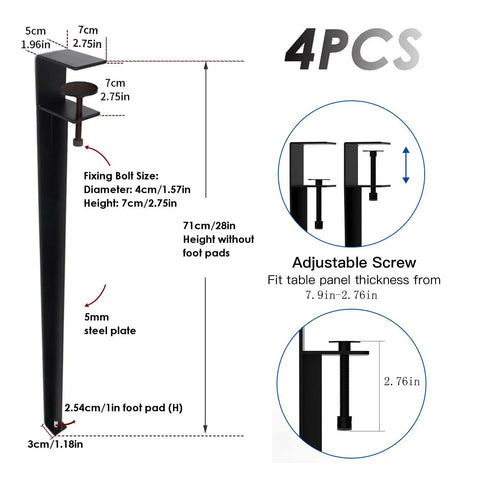 Diagram of Table Clamp Legs 28In Adjustable Metal F Shape Desk And Coffee Table Legs 4pcs No Drilling Design with measurements.