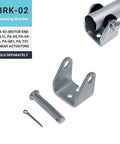 BRK-02 mounting bracket kit for linear actuators; silver metal U-bracket with holes, pin, cotter pin (front view).