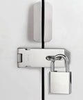 Heavy Duty Stainless Steel Padlock Hasp Latch with secure padlock, brushed finish, mounted on a door, for home security.