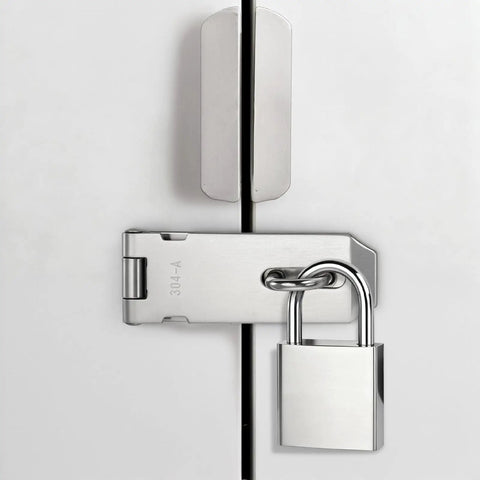 Heavy Duty Stainless Steel Padlock Hasp Latch with secure padlock, brushed finish, mounted on a door, for home security.