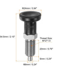 Built Different Stainless Steel Push Fit Ball Nose Spring Plunger M12x1.5 Thread With 6mm Pin Straight Up Solid showing dimensions.
