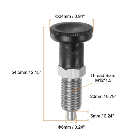 Built Different Stainless Steel Push Fit Ball Nose Spring Plunger M12x1.5 Thread With 6mm Pin Straight Up Solid showing dimensions.