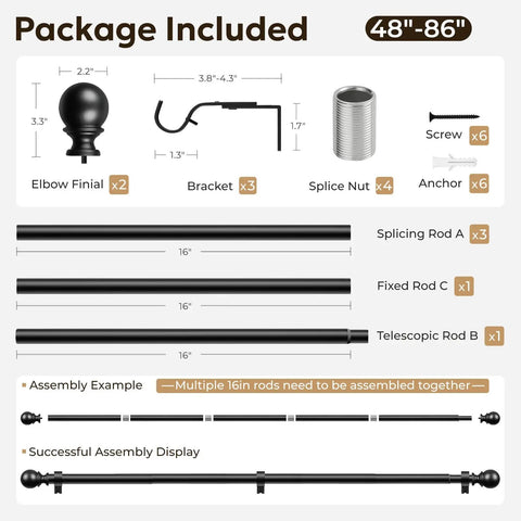 Package components of Heavy Duty 1 Inch Black Curtain Rod Adjustable From 48 To 86 Inches Indoor Outdoor Use Room Divider Modern Drapery Pole.