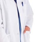 Flattering Fit Workhorse Ultra Soft Stretch Men's 38 Inch Lab Coat With Hand Access Slits 3 Outside Pockets 65/35 Polyester Cotton Easy Care White Medical Coat For Work In Clinics And Labs