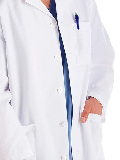 Flattering Fit Workhorse Ultra Soft Stretch Men's 38 Inch Lab Coat With Hand Access Slits 3 Outside Pockets 65/35 Polyester Cotton Easy Care White Medical Coat For Work In Clinics And Labs