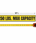 Bold Black On Yellow Heavy Duty Load Limit Safety Decal Bringing A No Brainer 250 LB Max Capacity Warning Sticker measuring 18x3 inches.
