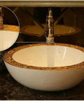 USZWBY Bathroom Vessel Sink, Basin Sink Golden Edge Artistc Pocelain Countertop Thick Wall Round Bathroom Sink Wash Basin-2 close-up with faucet