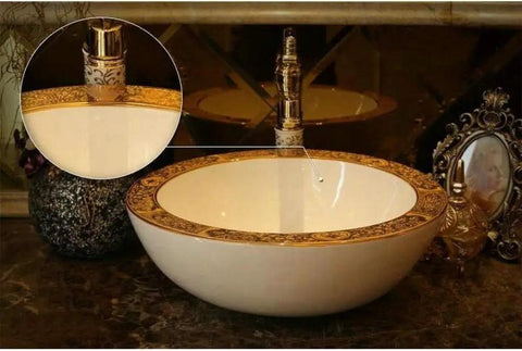 USZWBY Bathroom Vessel Sink, Basin Sink Golden Edge Artistc Pocelain Countertop Thick Wall Round Bathroom Sink Wash Basin-2 close-up with faucet