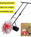 Hand Push Precision Garden Seeder for Efficient Planting and Accurate Seed Spacing, 9 Hole Sowing Tool, close-up view with iron beak.