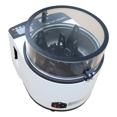 110V Lab Planetary Ball Mill Grinder With LED Lamp And Safety Cover, visible safety cover and control panel for lab use.